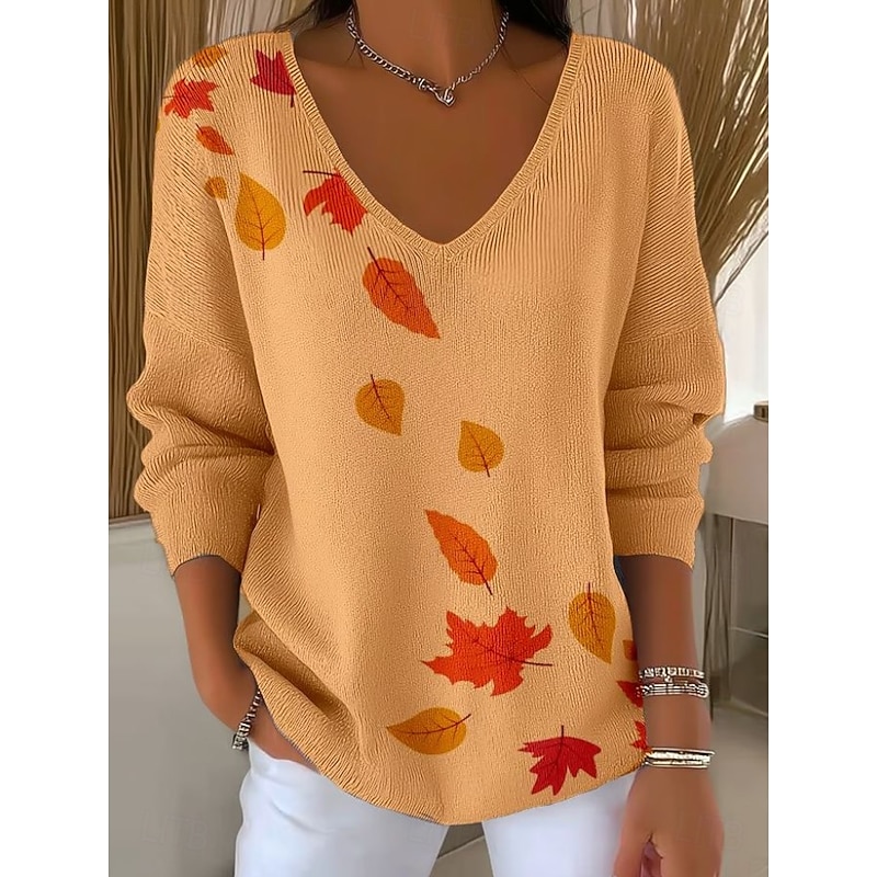 Women's Sweater Elegant Fashion Streetwear Floral Graphic V Neck Knitted Long Sleeve Regular Tops Knit Weekend Yellow Ginger Fall Winter2
