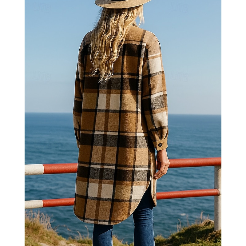 Women's Single-breasted Trench Coat with Pockets Long Sleeve Top Athleisure Plaid Checkered Windproof Warm Hiking Travel Vacation Sportswear Activewear Black Red Green2