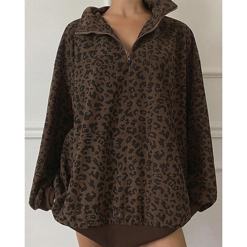 Women's Pullover Sweatshirts Zip Up Sweatshirts Leopard Sports Fashion Casual Long Sleeve High Neck Regular Tops Street Dailywear Half Zipper Quarter Zipper Print Black Brown Khaki Dark Gray Coffee4