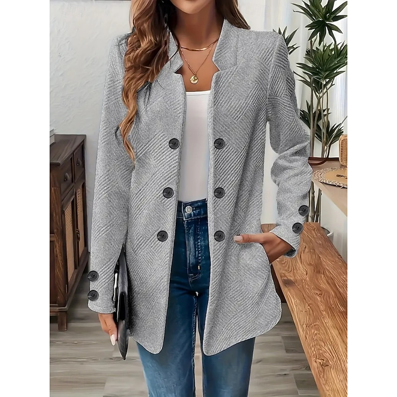 Women's Blazer Comfortable Breathable Buttons Casual Plain Office Street Casual Daily Wear Single Breasted Long Stand Collar Regular Fit Long Sleeve Outerwear Black White Gray Spring Fall