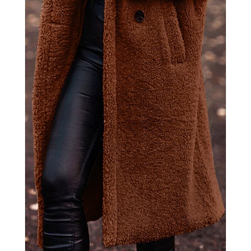 Women's Winter Coat Fleece Jacket Warm Comfortable Pocket Buttons Fashion Casual Plain Vacation Street Casual Daily Wear Single Breasted Long Hooded Regular Fit Long Sleeve Outerwear Brown Fall Winter3