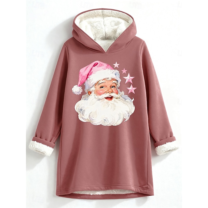 Women's Pullover Hoodie Sweatshirt Santa Claus Warm Casual Sherpa Fleece Long Sleeve Hooded Regular Tops Street Dailywear Casual Print Dark Pink Blue Gray Fall Winter