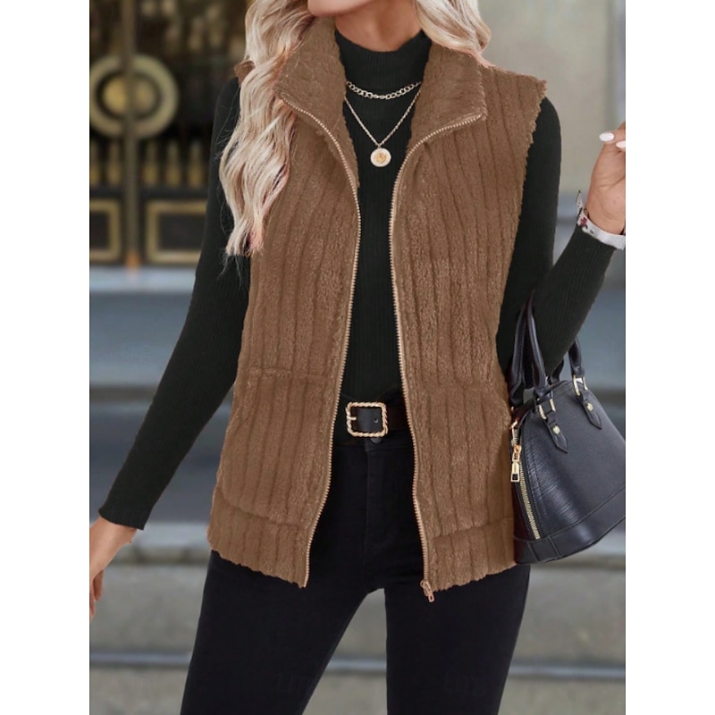 Women's Fleece Vest Comfortable Breathable Zipper Casual Plain Vacation Street Casual Daily Wear Zipper Short Turndown Regular Fit Sleeveless Outerwear Black Red Blue Spring Fall