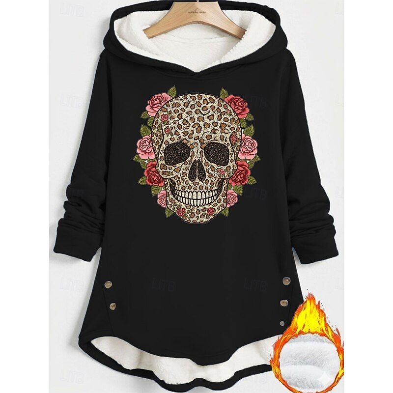 Women's Pullover Hoodie Sweatshirt Skull Warm Casual Long Sleeve Hooded Long Tops Street Dailywear Holiday Buttons Print Black Dark Pink Blue Gray Fall Winter