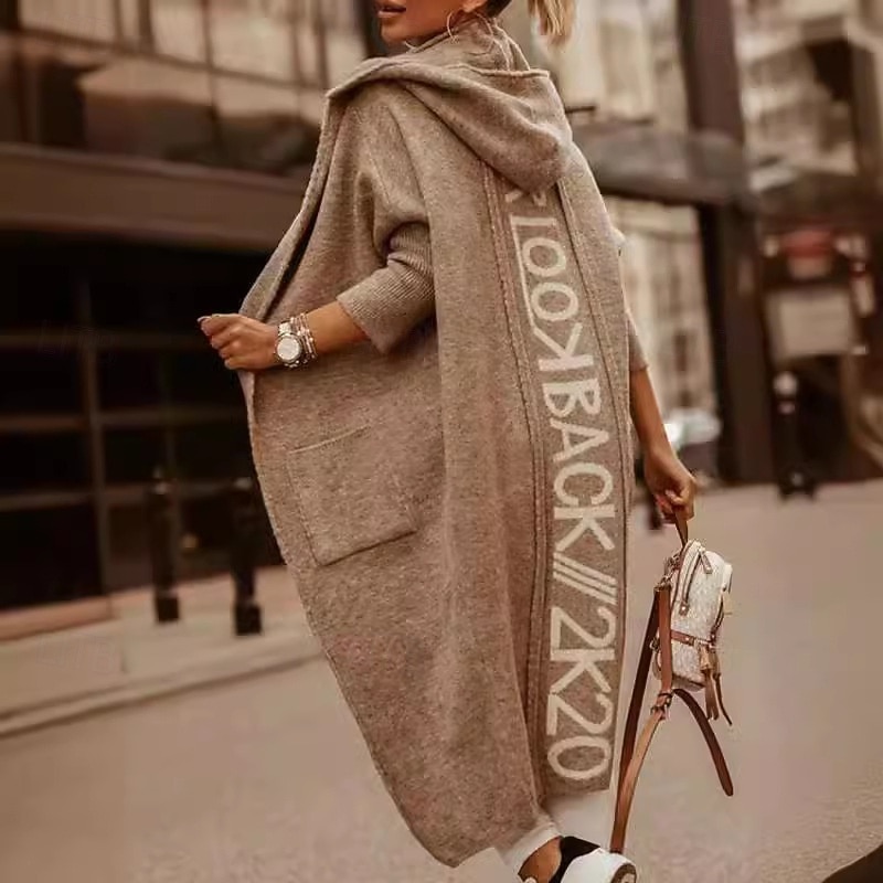 Women's Sweater Cardigan Elegant Fashion Streetwear Letter Hooded Open Front Pocket Knitted Print Long Sleeve Long Tops Knit Outdoor Daily Weekend Pink Khaki Spring Fall2