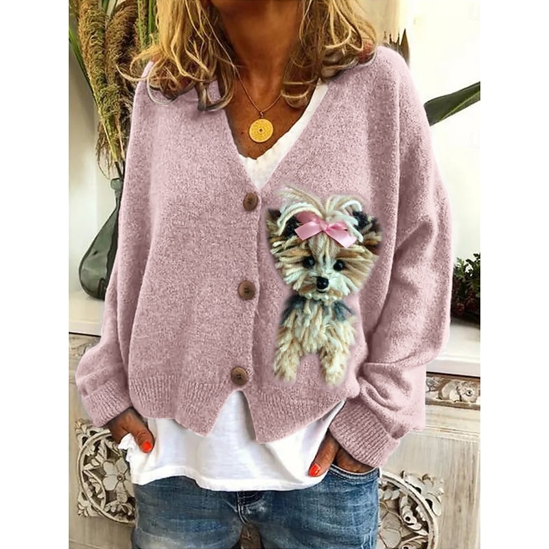 Women's Sweater Cardigan Casual Soft Animal Ribbed V Neck Knitted Long Sleeve Regular Tops Knit Christmas Outdoor Daily Pink Khaki Fall Winter2