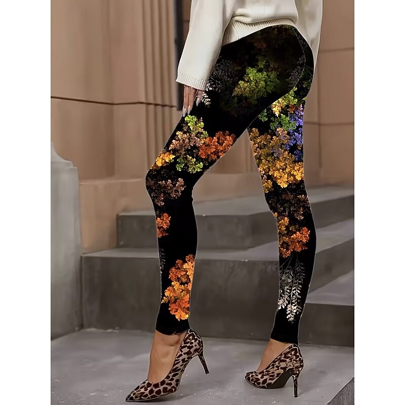 Women's Leggings Vacation Vintage Fashion Full Length High Waist Floral Graphic Printing Thermal Warm Soft Breathable Stretchy Formal Outdoor Vacation Orange Spring Fall Slim Fit3