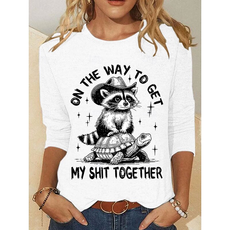 Women's T Shirt Graphic Animal Letter Vintage Stylish Classic Long Sleeve Crew Neck Round Neck Regular Tops Daily Print Black White Pink Khaki Spring Fall Winter