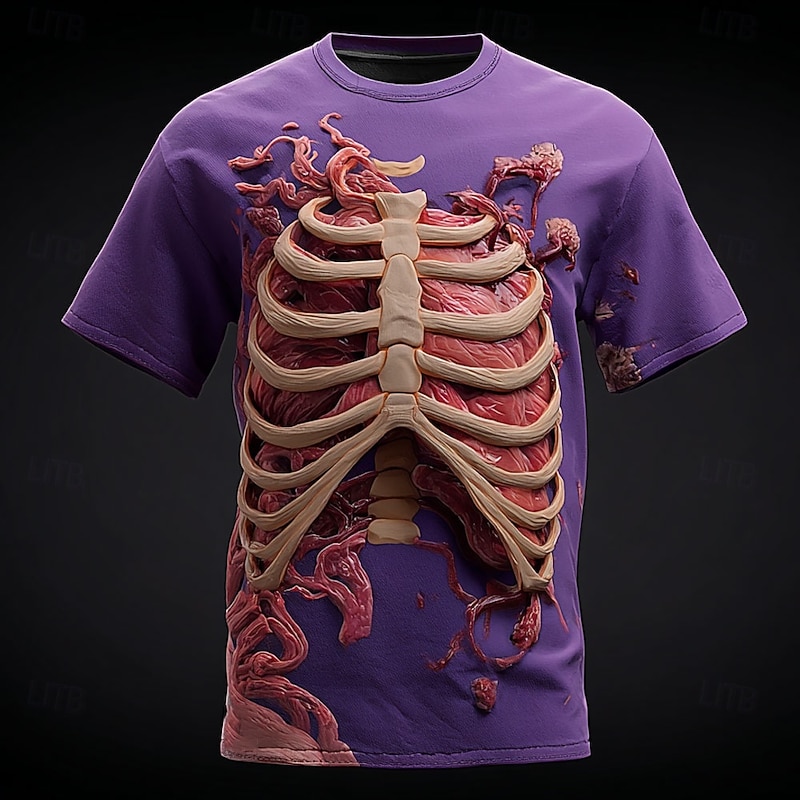 Halloween Men's Optical Illusion 3D Skeleton T Shirt Short Sleeve T shirt 3D Print Crew Neck Shirt Exaggerated Designer Horror Party Street Holiday Blue Purple Brown Summer Spring All Seasons2