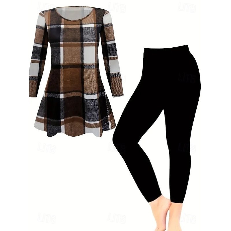 Women's Elegant Vacation Fashion Pants Sets Long Sleeve Round Neck Graphic Geometric Print Casual Daily Casual Daily Black Dark Pink Brown Spring Regular Fit2