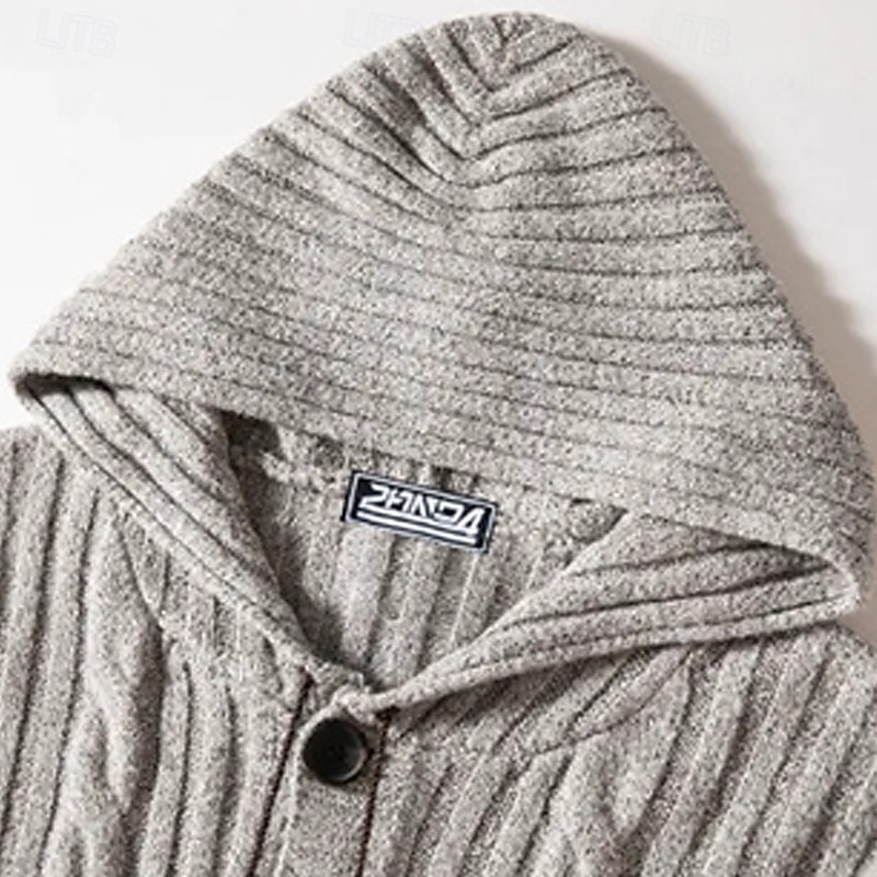 Men's Sweater Cardigan Sweater Ribbed Cable Knit Regular Tops Knitted Plain Hooded Vacation Fashion Casual Daily Wear Clothing Apparel Fall Spring &  Fall Gray M L XL2