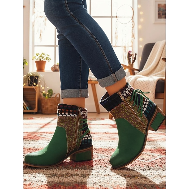 Women's Bohemian Green Ankle Boots - Handmade with Ethnic Patterns, Perfect for Festival & Daily Wear3