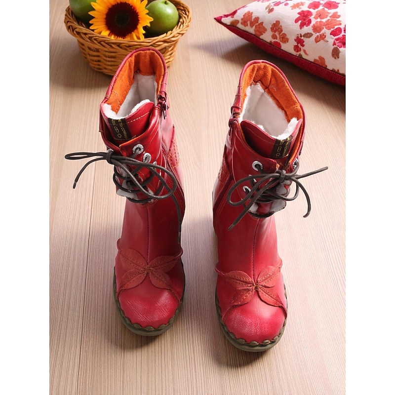 Women's Red Genuine Leather Handmade Lace-Up Boots – Vintage Craft Ankle Boots for Casual and Retro Style4