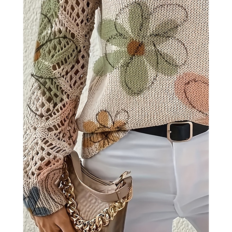 Women's Sweater Fashion Basic Casual Floral Ribbed V Neck Knitted Long Sleeve Regular Tops Knit Outdoor Daily Weekend Green Spring Fall3