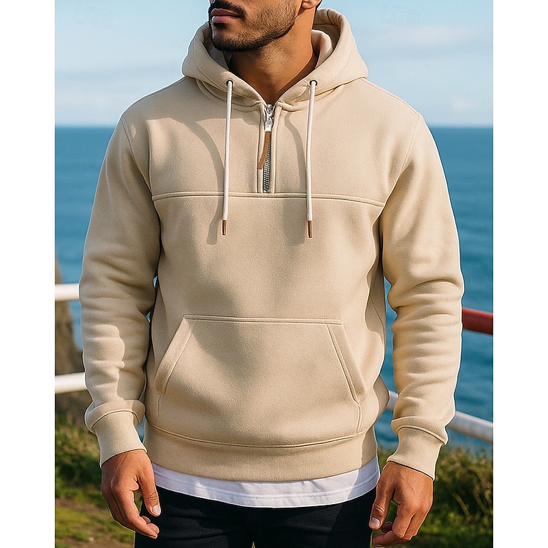 Men's Hoodie Sweatshirt Pullover Sweatshirt Baggy with Pockets Long Sleeve Top Athleisure Solid Colored Windproof Warm Hiking Travel Vacation Sportswear Activewear Black White Red3