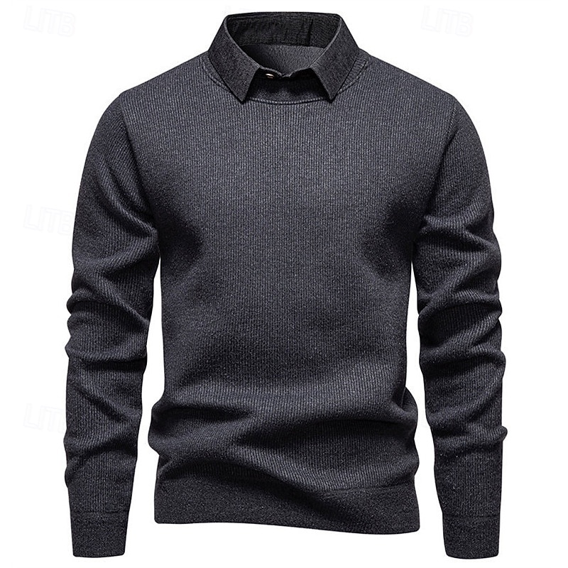 Men's Pullover Sweater Jumper Knit Sweater Ribbed Knit Regular Tops Knitted Fleece Plain Turndown Fashion Basic Vacation Daily Wear Clothing Apparel Winter Black Dark Gray S M L4