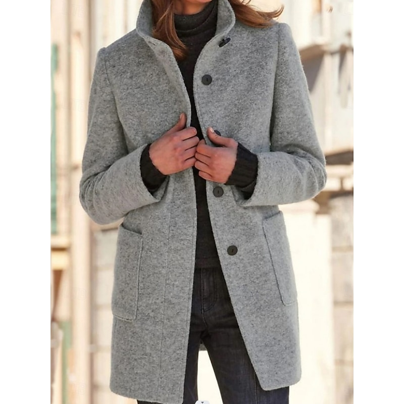 Women's Casual Jacket Comfortable Breathable Pocket Buttons Classic Casual Plain Vacation Street Casual Daily Wear Single Breasted Long Stand Collar Regular Fit Long Sleeve Outerwear Royal Blue Blue