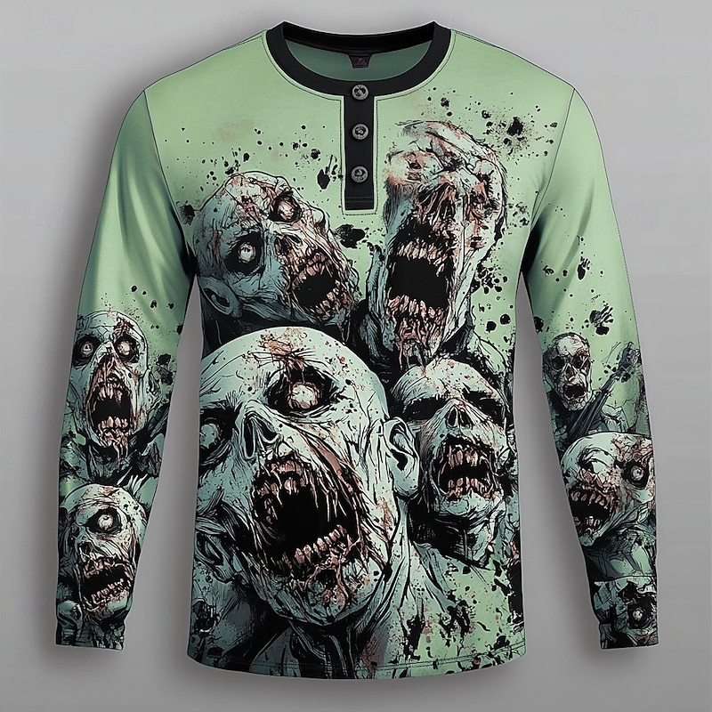 Men's Halloween Graphic Zombies Henley Shirt Long Sleeve Fashion Streetwear Daily Casual Holiday Going out Spring &  Fall All Seasons Green Henley Henley T-Shirt