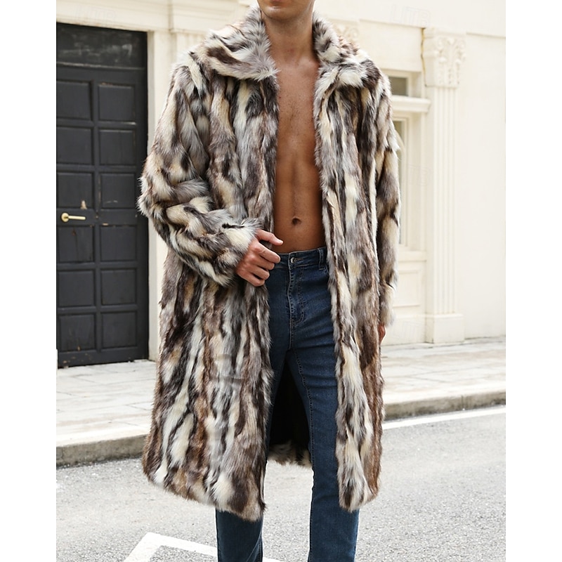 Men's Casual Jacket Faux Fur Coat Vacation Daily Thermal Warm Plush Fall Winter Color Block Fashion Streetwear Lapel Long Brown Jacket
