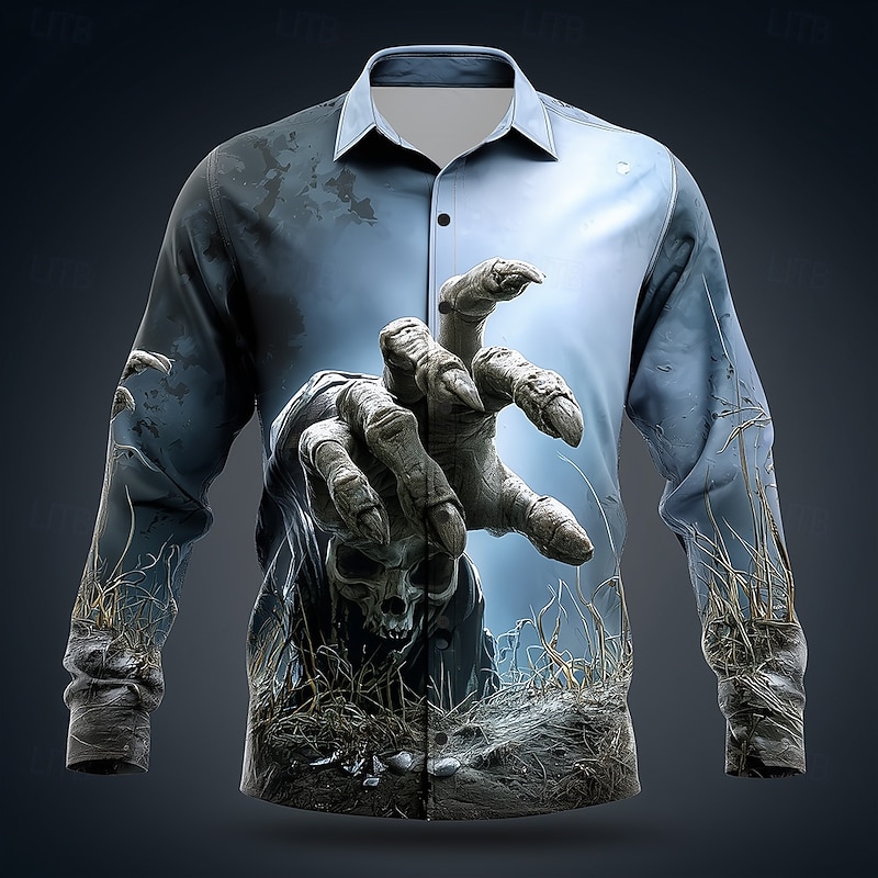 Halloween Men's Grim Reaper Skeleton Horror Shirt Button Up Shirt Long Sleeve Dark Gothic Style Holiday Streetwear Spring Fall Turndown 3D Print Collared Shirts Blue 1# Blue2