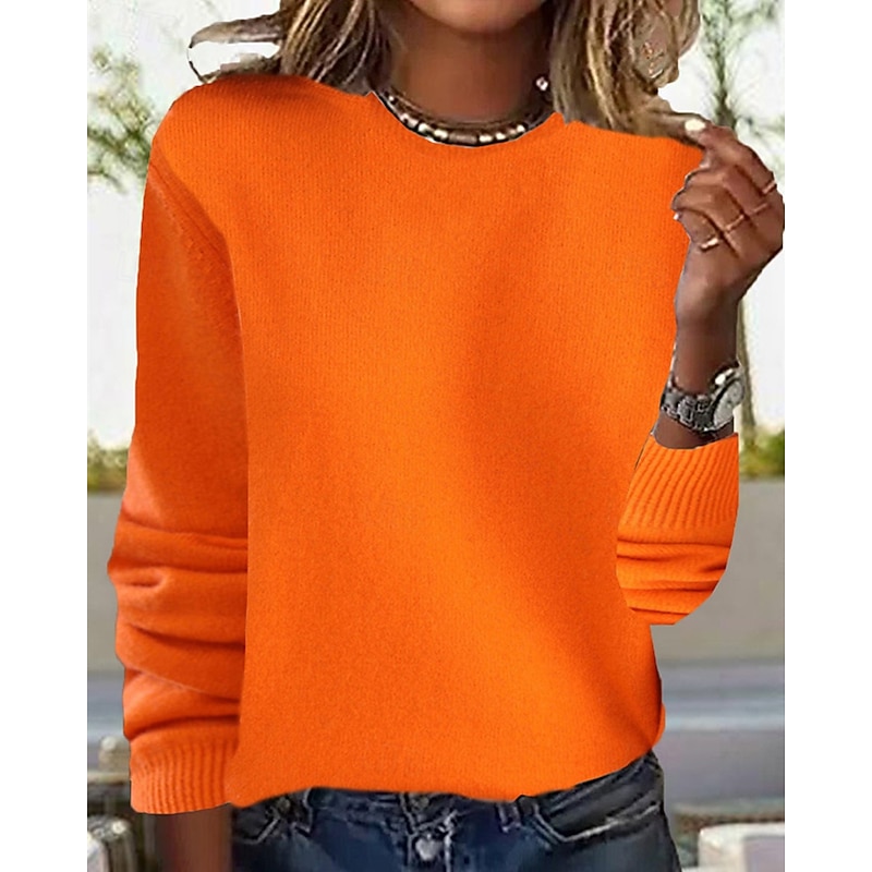 Women's Sweater Casual Soft Pure Color Ribbed Crew Neck Knitted Long Sleeve Regular Tops Knit Outdoor Daily Weekend Black White Fall Winter