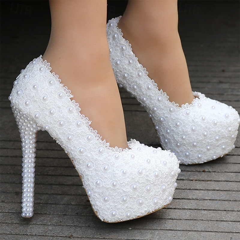 Women's Wedding Shoes Dress Shoes Stilettos Wedding Party Solid Color Floral Imitation Pearl Lace Stiletto Round Toe Cute Sexy Minimalism Lace PU Loafer White4