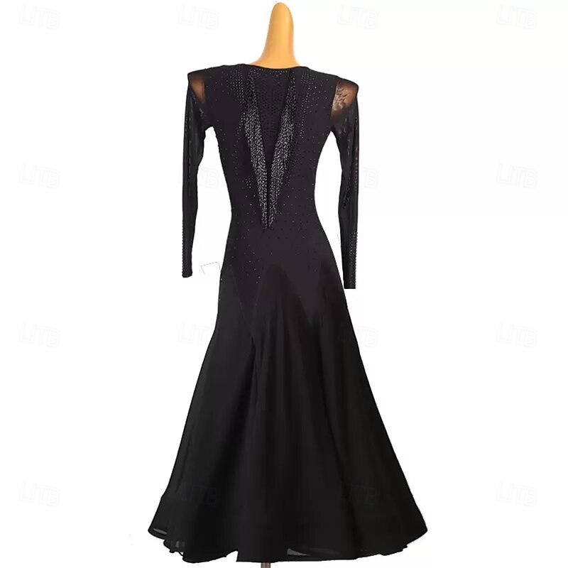 Women's Black Ballroom Dance Dress with Rhinestone Fringe Detail, Long Sleeves, and V-Neck – Ideal for Latin, Tango, and Performance Wear2