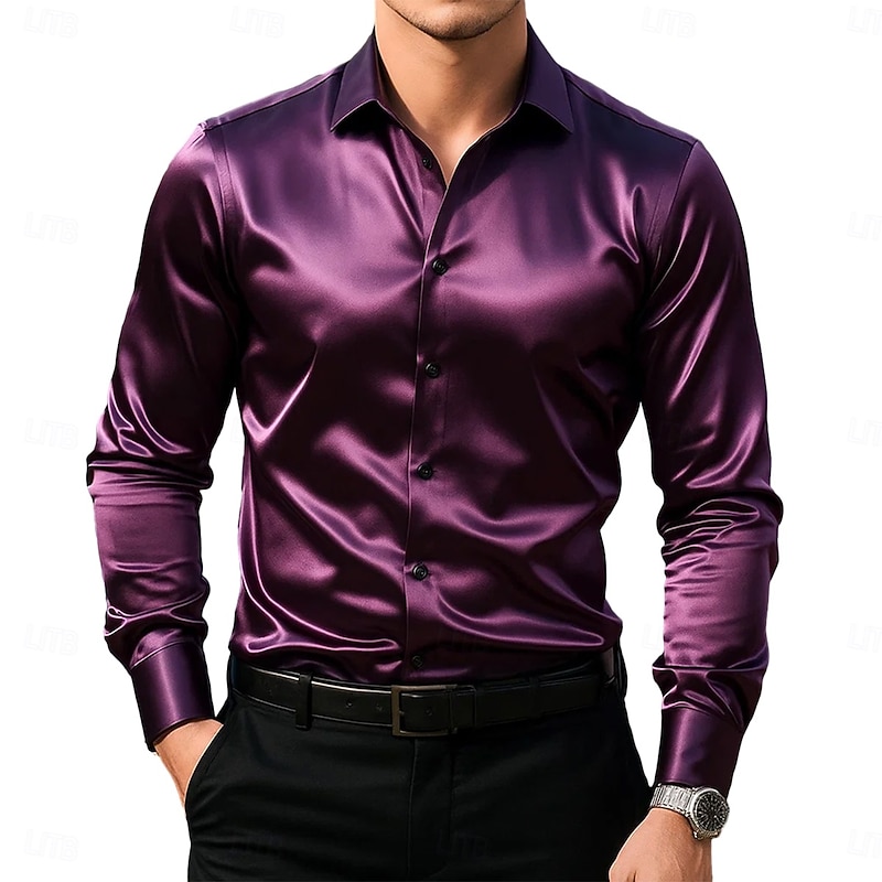 Men's Shirt Satin Shirt Casual Shirt Button Up Shirt Plain Formal Wedding Black White Wine Navy Blue Long Sleeve Lapel Spring &  Fall All Seasons Clothing Apparel2