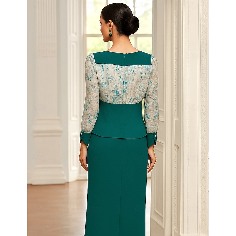 Two Piece Dress Sets Mother of the Bride Dress Formal Elegant Vintage V Neck Tea Length Chiffon Long Sleeve with Color Block2