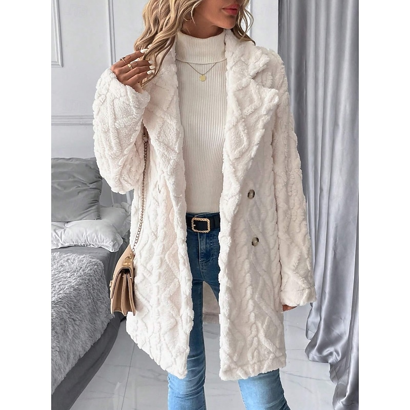 Women's Sherpa Jacket Comfortable Breathable Buttons Casual Plain Vacation Street Casual Daily Wear Double Breasted Long Turndown Regular Fit Long Sleeve Outerwear White Spring Fall3