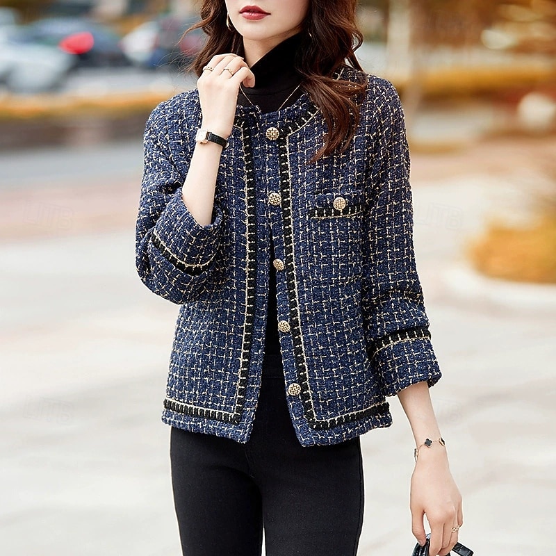 Women's Casual Jacket Warm Comfortable Pocket Buttons Fashion Outdoor Lattice Going out Weekend Single Breasted Regular Crewneck Regular Fit Long Sleeve Outerwear Black Fall Winter2