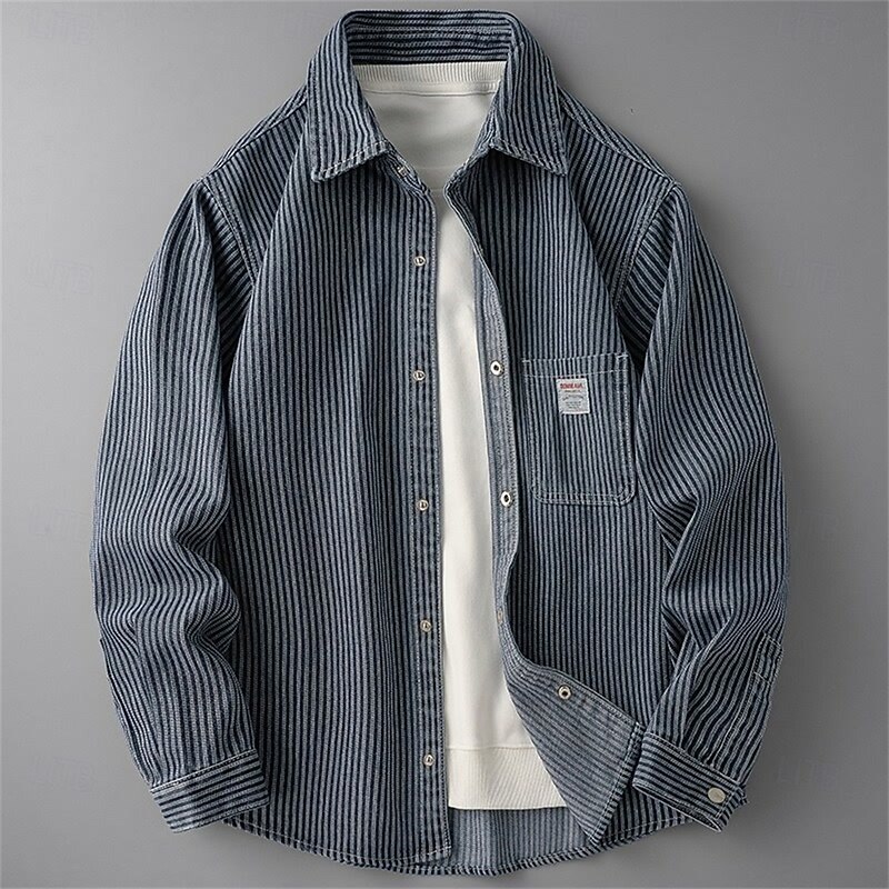 Men's Shirt Summer Shirt Casual Shirt Beach Shirt Button Up Shirt Blue Long Sleeve Stripe Lapel Vacation Hawaiian Front Pocket Clothing Apparel Polyester Fashion Casual Comfortable2