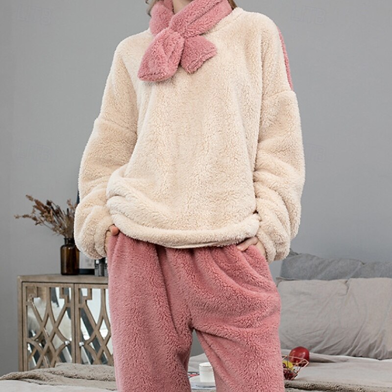 Women's Pajamas Loungewear Casual Patchwork Pure Color Patchwork Vacation Home Bed Long Sleeve Crew Neck Blue Beige Fall Winter Tailored Fit2