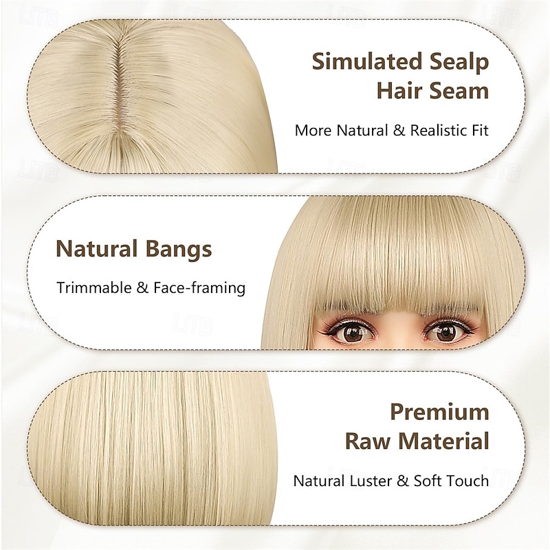 Bob Wigs with Straight Flat Bangs 12 Synthetic Fiber Hair Includ Wig Cap Yellow Wig for All Women Kids Halloween Costume Party Colorful Wigs4