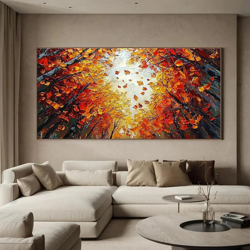 Large Abstract Sunset Forest Oil Painting On Canvas, Original Colorful Autumn Wall Art, Tree Landscape Wall Decor, Modern Living Room Decor