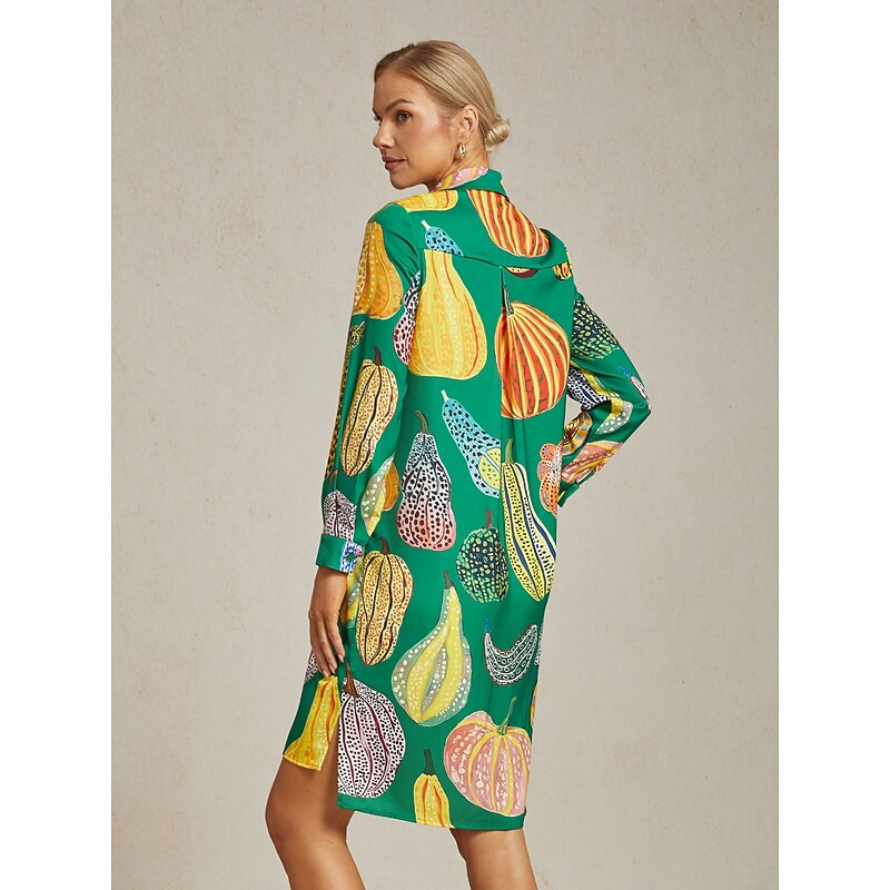 Women's Green Pumpkin Print Shirt Dress V Neck Loose Fit Asymmetrical Hem Split Design Bold Stylish Fashion Forward Daily Work Party Fall2