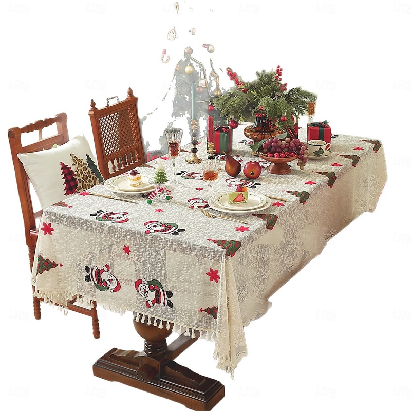 American European Style Christmas Tablecloth, Embroidered Holiday Table Cover for Party, Dining Table, and Coffee Table Decoration4