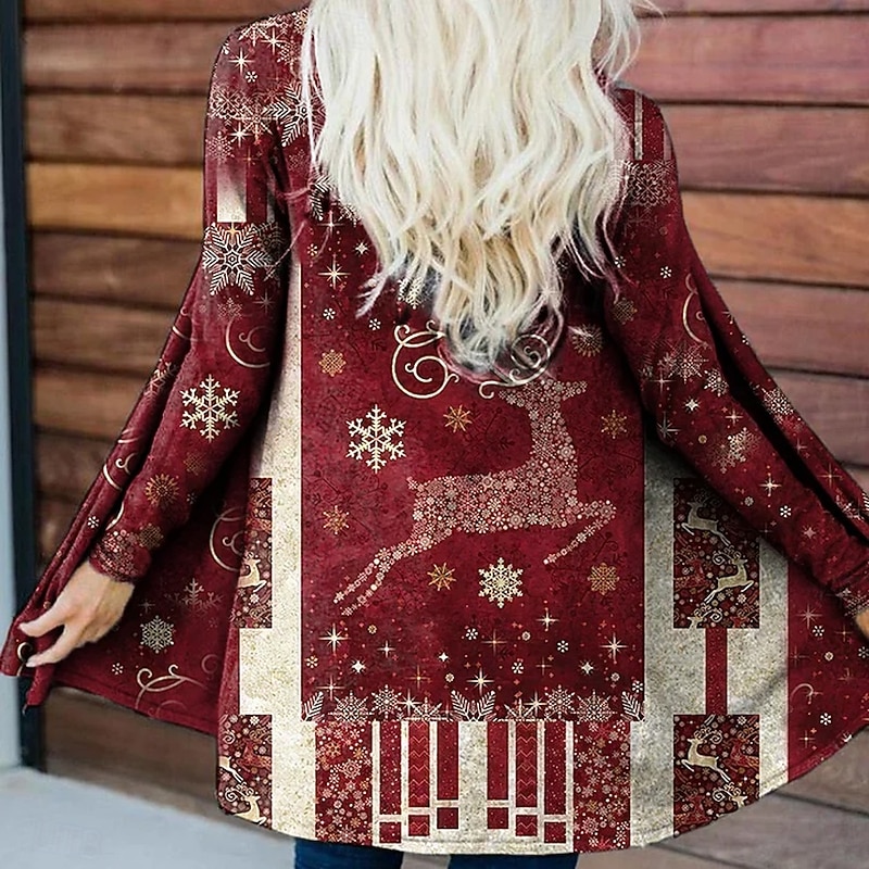 Christmas Women's Winter Coat Cloak / Capes Quick Dry Lightweight Knit Active Exaggerated Casual Elk Casual Long Collarless Loose Fit Long Sleeve Outerwear Red Fall Winter