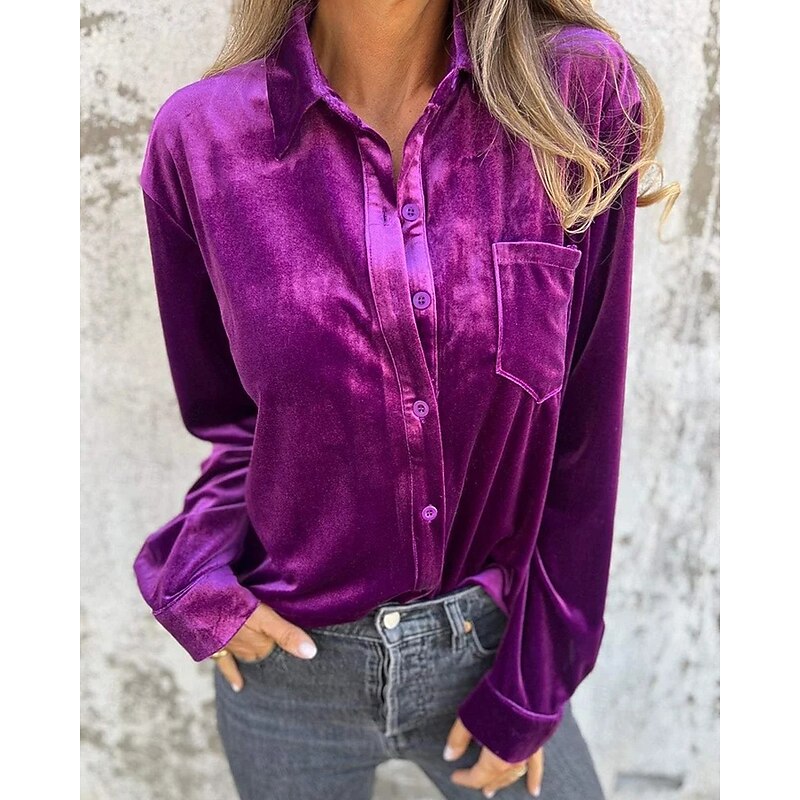 Women's Shirt Blouse Plain Modern Long Sleeve Shirt Collar Regular Tops Holiday Going out Pocket Buttons Wine Army Green Light Brown Purple Summer Spring Fall2