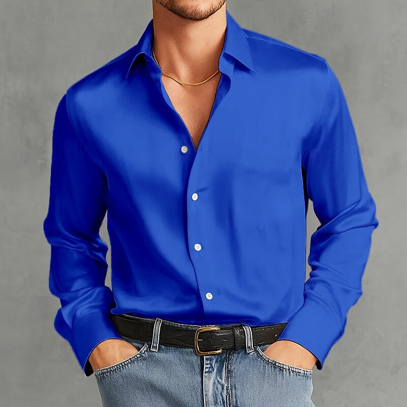 Men's Shirt Satin Shirt Dress Shirt Casual Shirt Button Up Shirt Prom Shirt Plain Formal Wedding Light Blue Black White Wine Long Sleeve Lapel All Seasons Clothing Apparel Pocket
