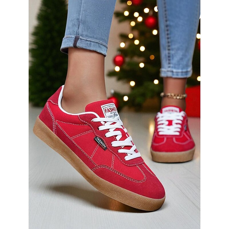 Women's Red Canvas Sneakers – Casual Lace-Up Flat Shoes for Walking, Travel, Christmas and Daily Wear4