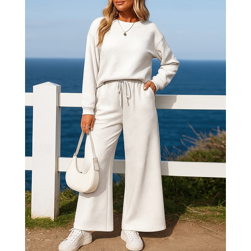 Women's Sweatpants 2 Piece Tracksuit Sportswear Wide Leg Solid Colored Clothing Suit Fall Black White Outdoor Travel Sports Moisture Wicking Long Sleeve Sport Activewear Micro-elastic Regular Fit