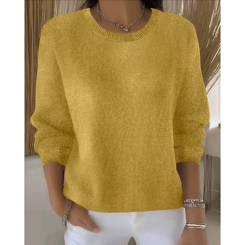 Women's Sweater Fashion Streetwear Casual Pure Color Ribbed Crew Neck Knitted Long Sleeve Regular Tops Knit Outdoor Daily Weekend Yellow Pink Fall Winter3