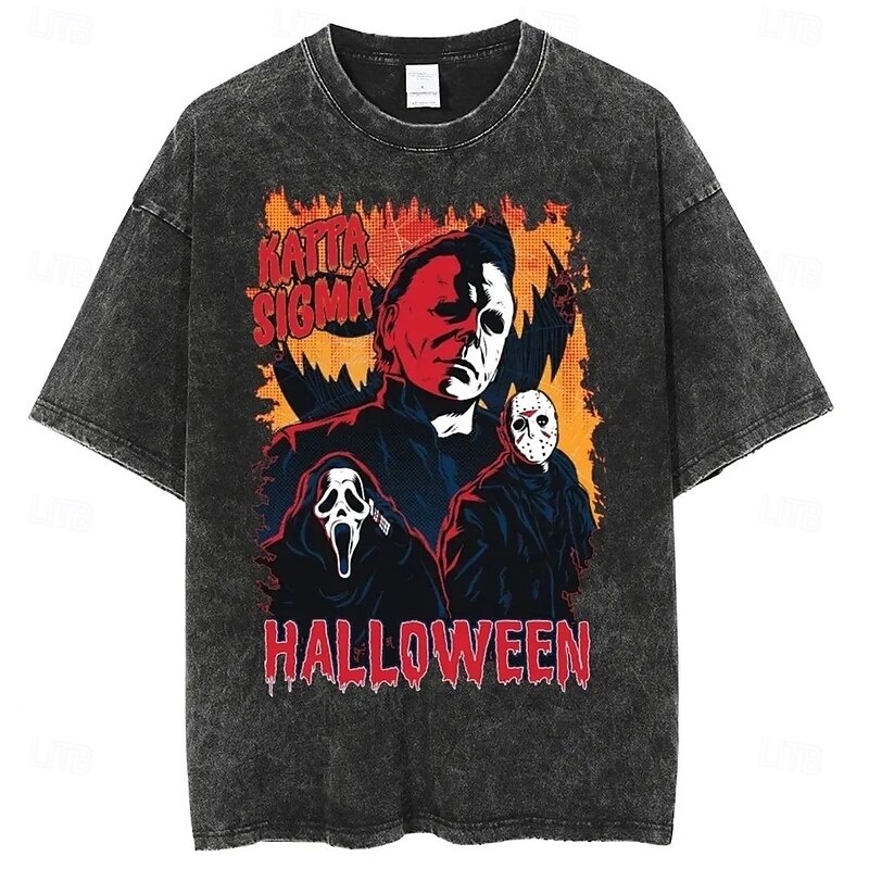 Scary Movie Halloween T-shirt Oversized Acid Washed Tee Print Graphic For Men's Women's Boys' Kid's Adults' Halloween Carnival Masquerade Hot Stamping Casual Daily