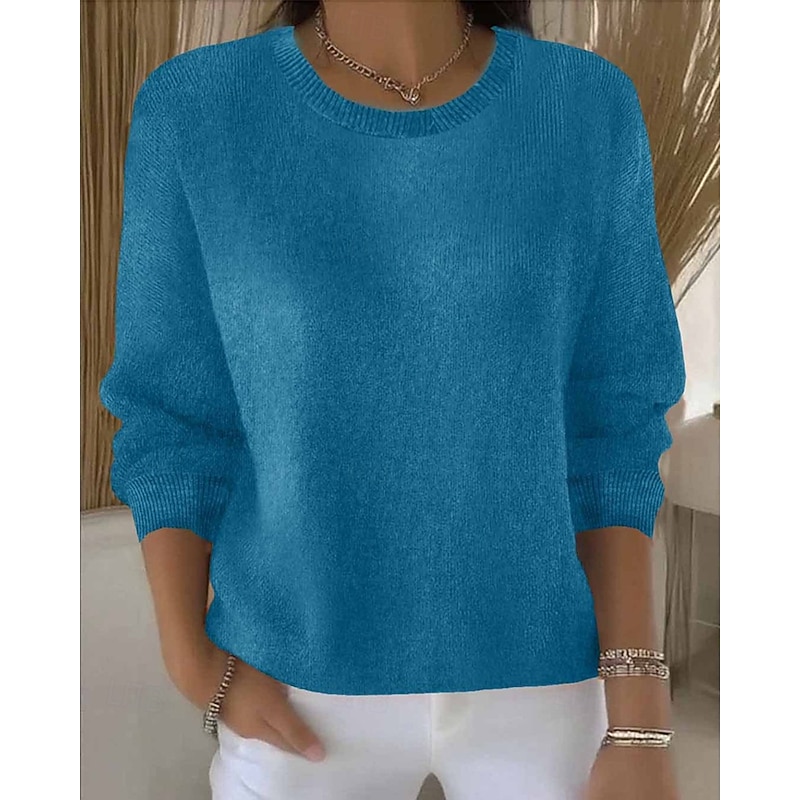 Women's Sweater Fashion Streetwear Casual Pure Color Ribbed Crew Neck Knitted Long Sleeve Regular Tops Knit Outdoor Daily Weekend Light Green Blue Fall Winter2