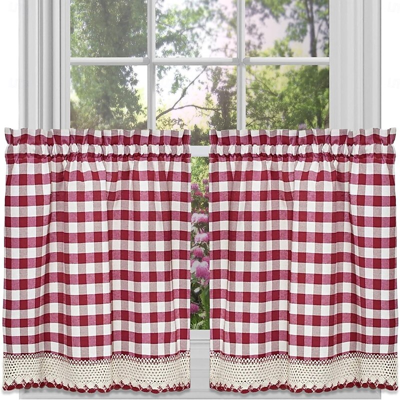 Cafe Curtains with Lace, Christmas Red Checkered Kitchen Short Curtains, Rod Pocket Window Valance Drapes for Café, Bathroom, or Living Room Decor