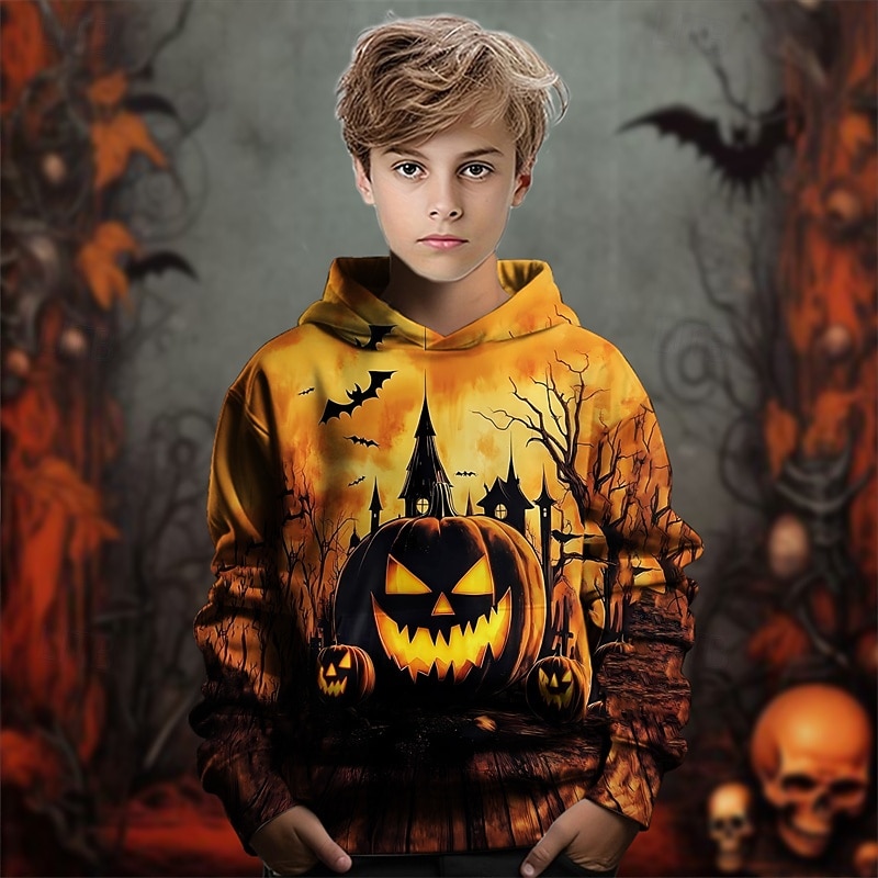 Halloween Boys' 3D Pumpkin Hoodie Long Sleeve Spring Fall Fashion Streetwear Kids 4-12 Years Hooded Outdoor Casual Daily Regular Fit