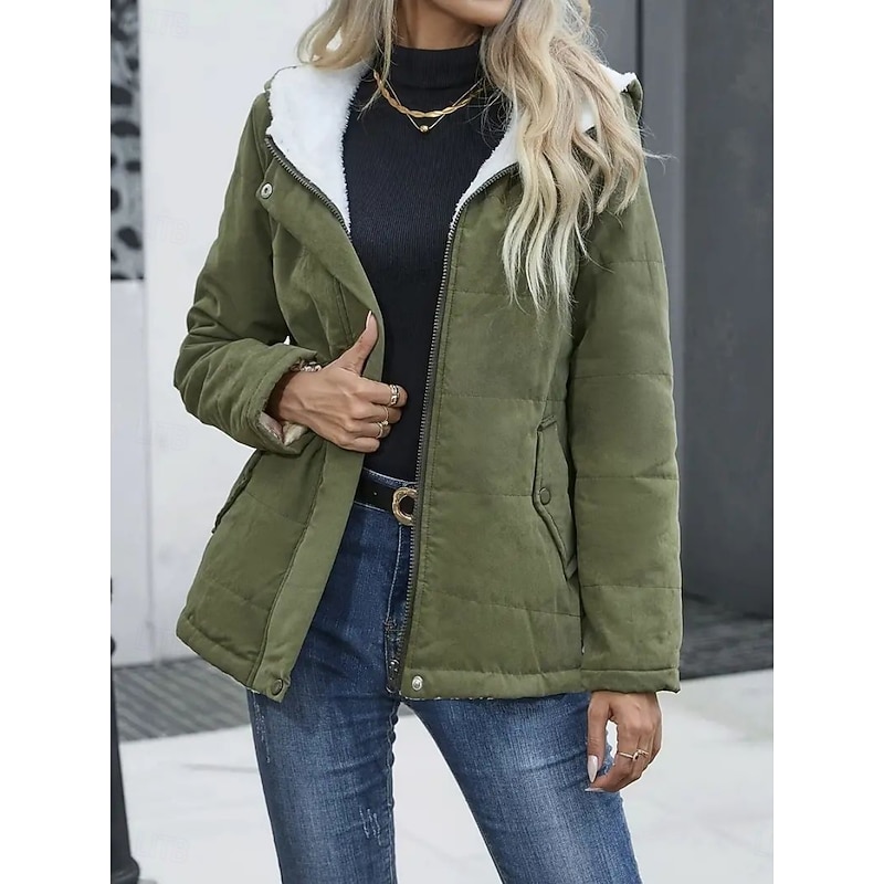 Women's Winter Coat Fleece Jacket Comfortable Breathable Pocket Casual Plain Vacation Street Casual Daily Wear Zipper Regular Hooded Regular Fit Long Sleeve Outerwear Black Blue Khaki Spring Fall2