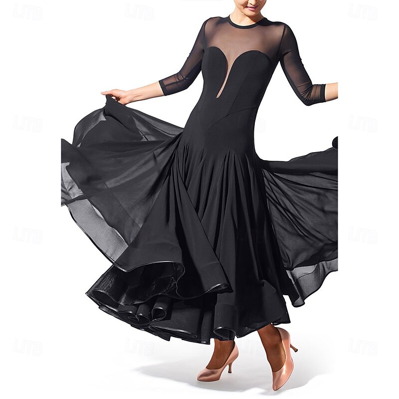 Women's Black Ballroom Dance Dress with Sheer Mesh Sleeves and V-Neckline, Flared Skirt, Elegant Performance Wear for Latin, Tango, and Ballroom Events3