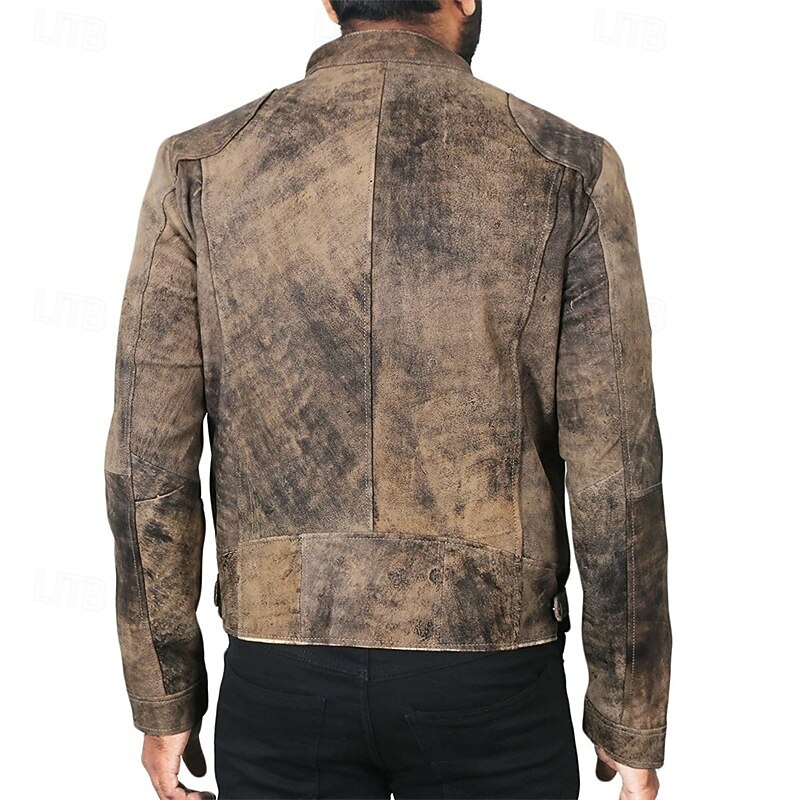 Men's Faux Leather Jacket Biker Jacket Motorcycle Jacket Vacation Daily Windproof Warm Pocket Fall Winter Plain Fashion Classic Stand Collar Regular Brown Khaki Jacket2